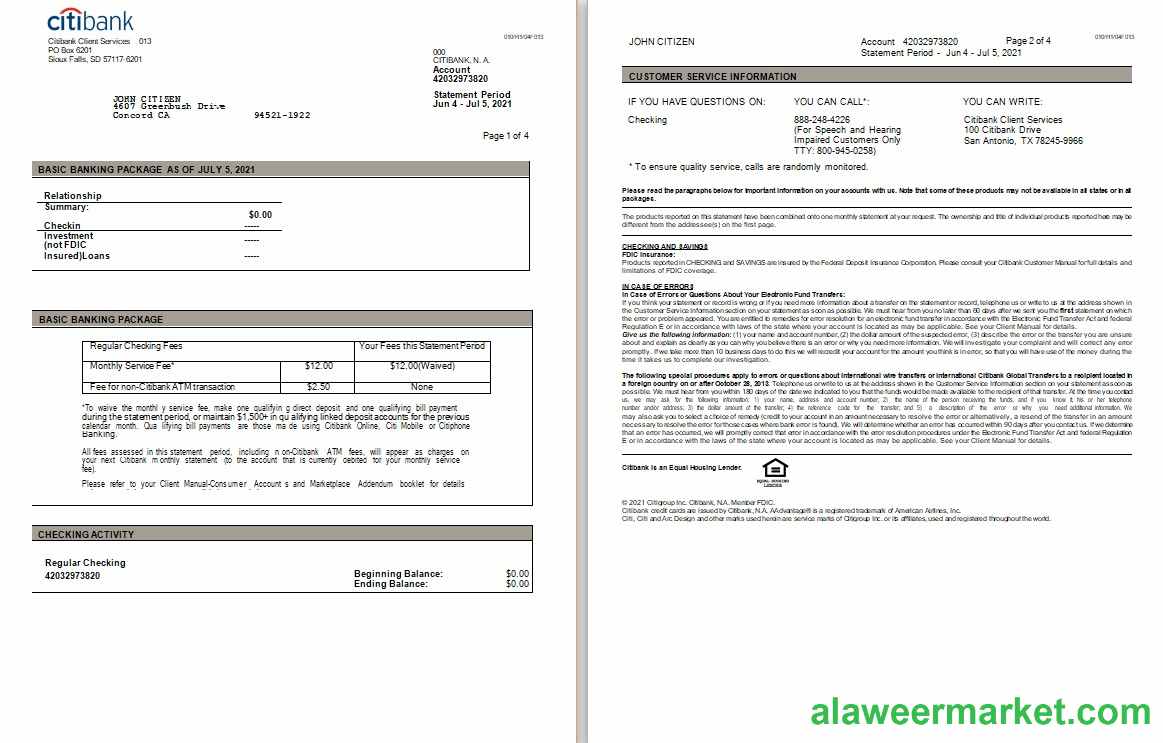 USA Citibank statement Word and PDF template, 3 pages